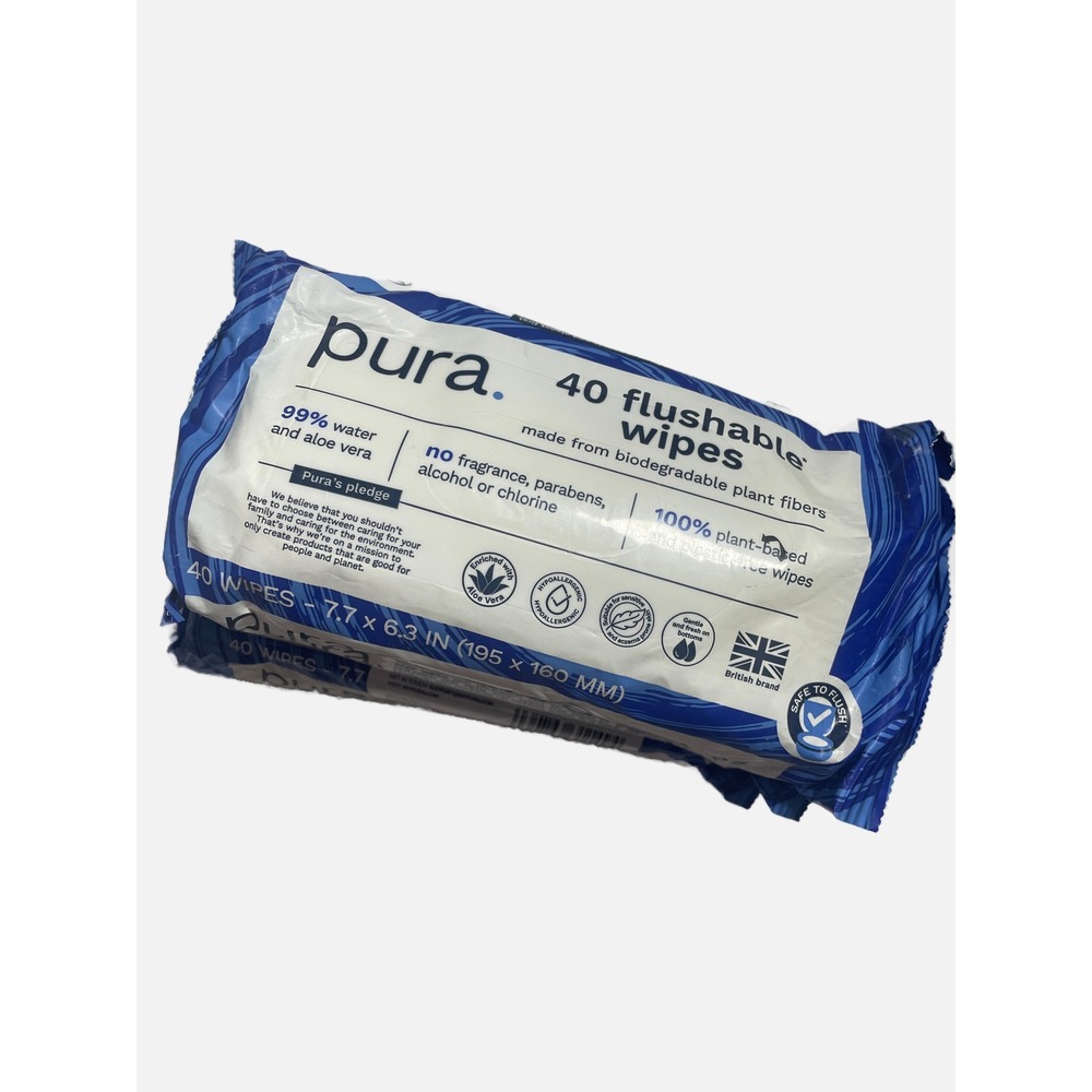 Pura Flushable Wipes Unisex 120 Count White Biodegradable Plant Based Eco Friend
